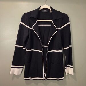 Tahari Women's Open Front Knit Sweater Blazer, Size M, Black & White